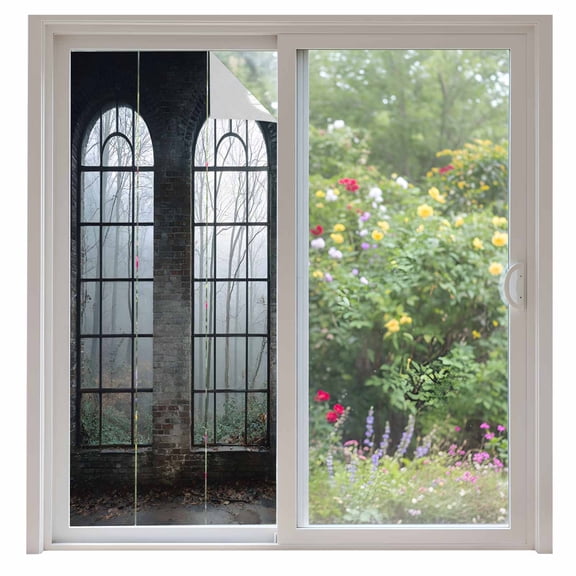 Window Forest Window Privacy Film, Vintage Arched Black Green Static Cling UV Sun Blocking Heat Control Window Tint Day and Night, Non-Adhesive Reusable One Way Windows Privacy Cover 35.4''x78.7''
