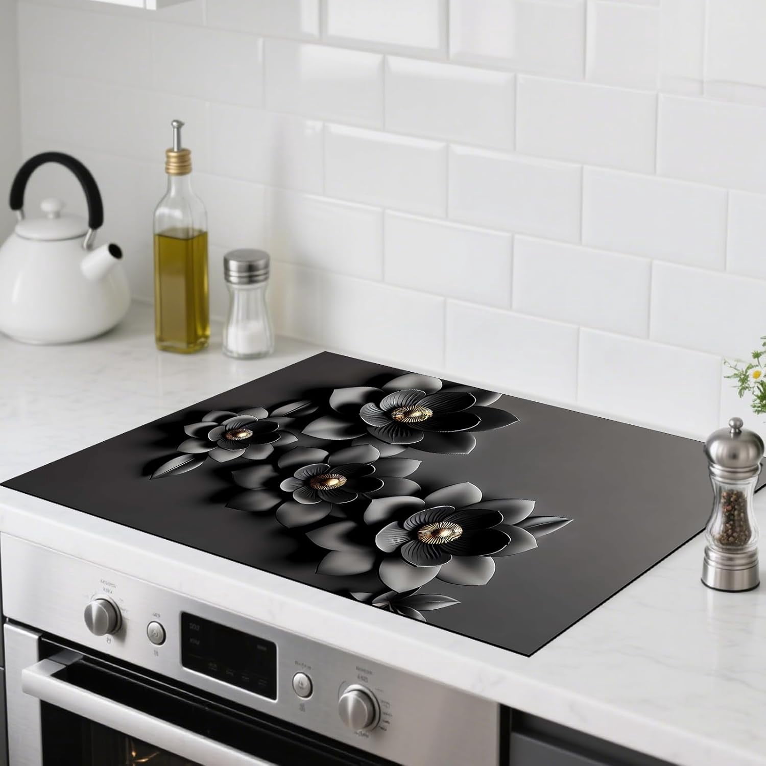 Stove Top Cover Polyester & Diatom Mud Blend 28.35×20.47inches (Black Gray Floral 3D-Look Design) Stove Top Cover for Kitchen, Ideal for Minimalist Decor, Cooking Areas, Home Styling