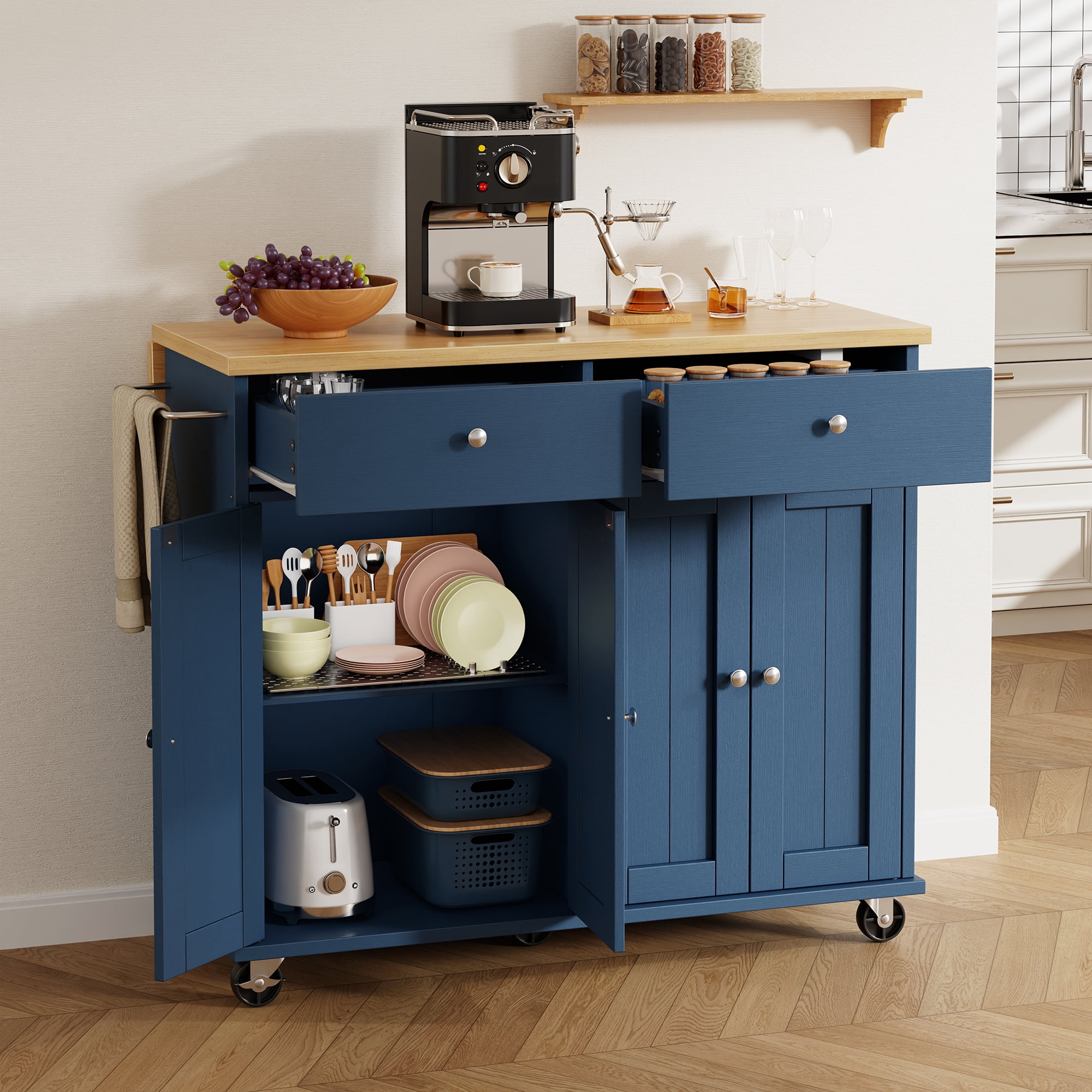 Walsunny Kitchen Islands Carts with Drop Leaf Table 2 Drawers 5 Wheels 4 Magnetic Doors Rolling Storage Cabinet Blue