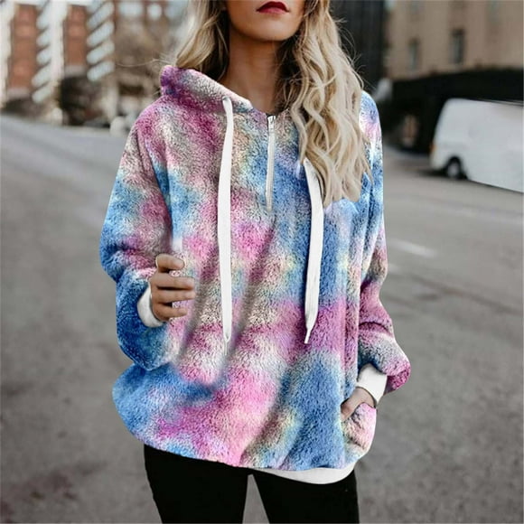 Jsaierl Womens Oversized Sherpa Pullover Hoodie with Pockets Fuzzy Fleece Sweatshirt Tie Dye Fluffy Coat