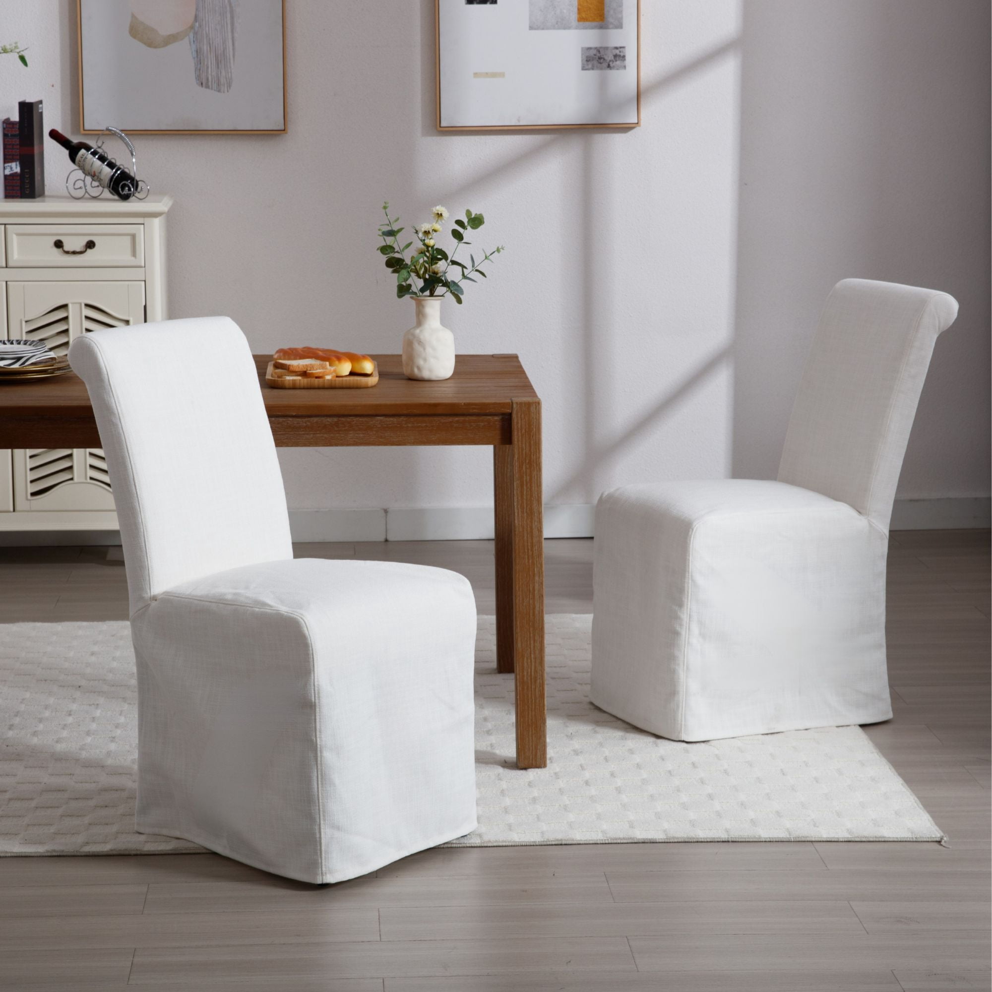Dayalane Slipcovered Parsons Dining Chairs Set of 2, Modern Farmhouse High Back Linen Upholstered Chair with Removable Skirted, Classic Wooden Side Kitchen Chairs for Dining Living Room, Beige