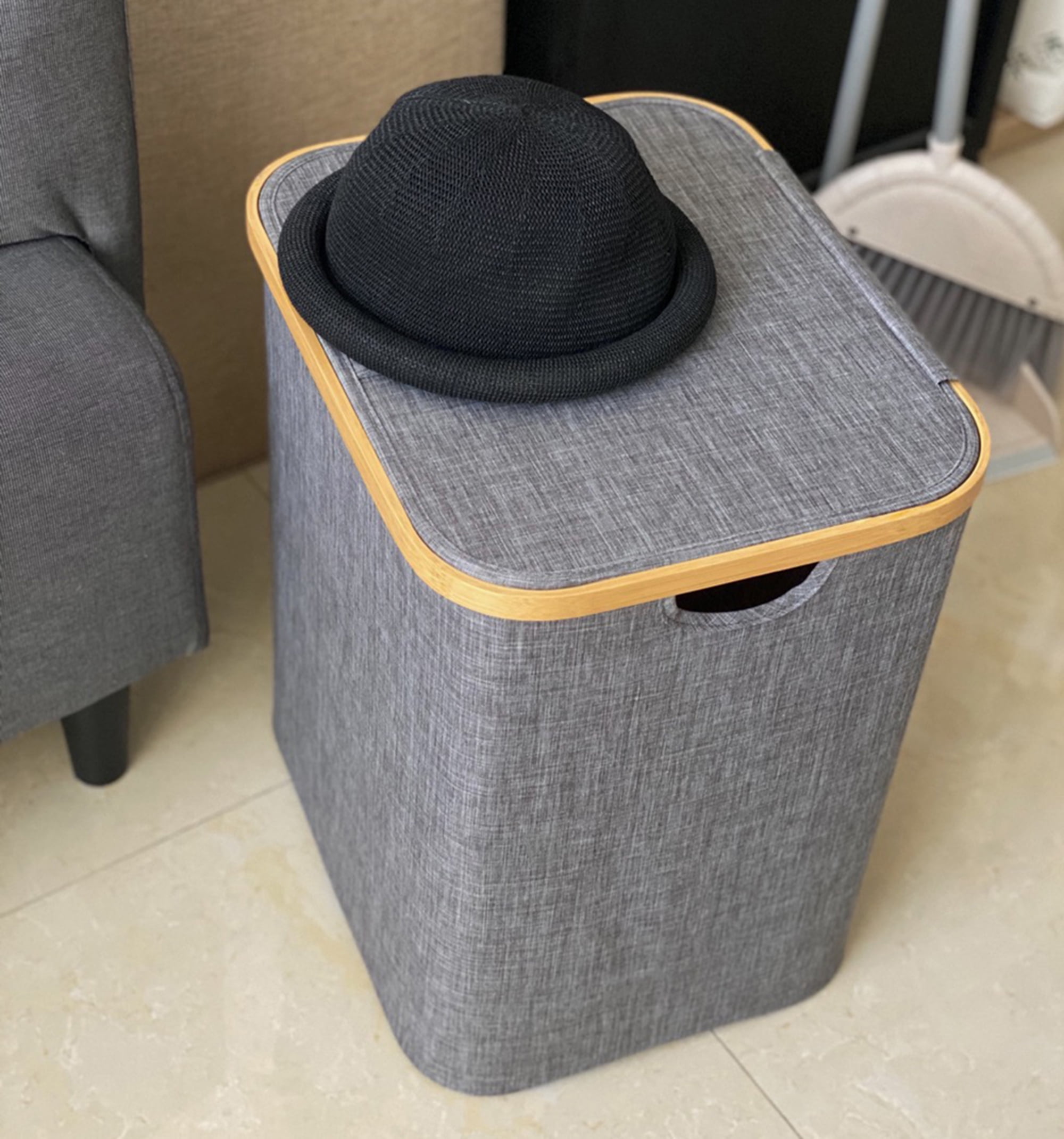 60L Capacity Bamboo Laundry Basket with Lid & Handle, Foldable Laundry Basket, Hamper