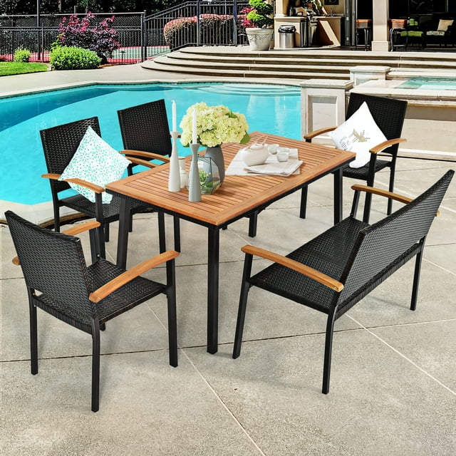 Gymax 6PCS Rattan Outdoor Dining Set Patio Furniture Set w/ Wooden Tabletop