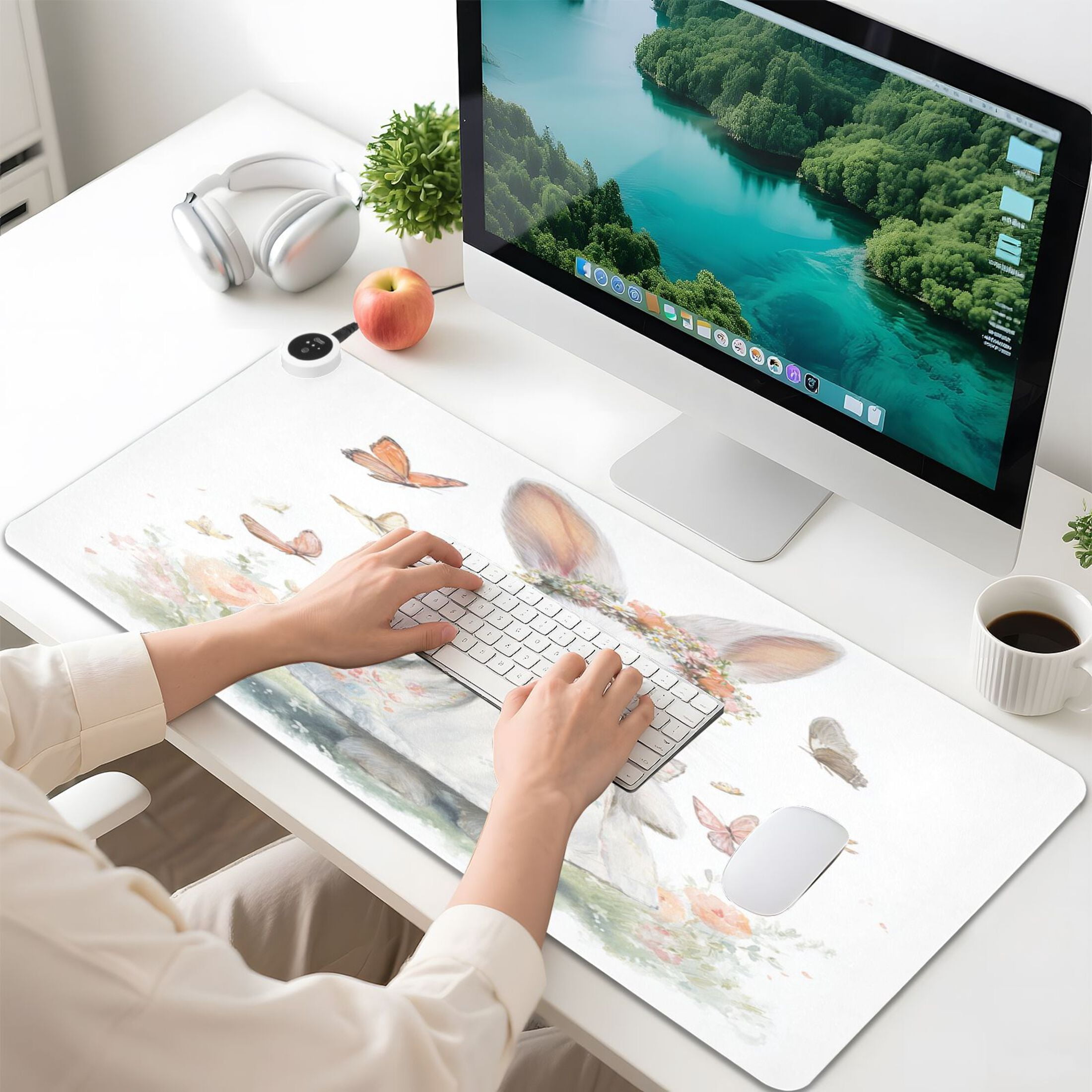 Large Heated Desk Mat Mouse Pad 31.5"x13"PU Leather Graphene Heating Desk Warmer with 3 Temperature Settings 110V US Plug Non-Slip Warm Pad for Home, Office, and Gaming Cute White Little Rabbit