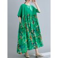 thumbnail image 3 of Vestido vintage de lino de algodón, empalme con estampado, cuello redondo, bolsillo de manga corta Eccomum Cuello en O verde, 3 of 7