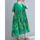 thumbnail image 3 of Vestido vintage de lino de algodón, empalme con estampado, cuello redondo, bolsillo de manga corta MABOTO Cuello en O verde, 3 of 7