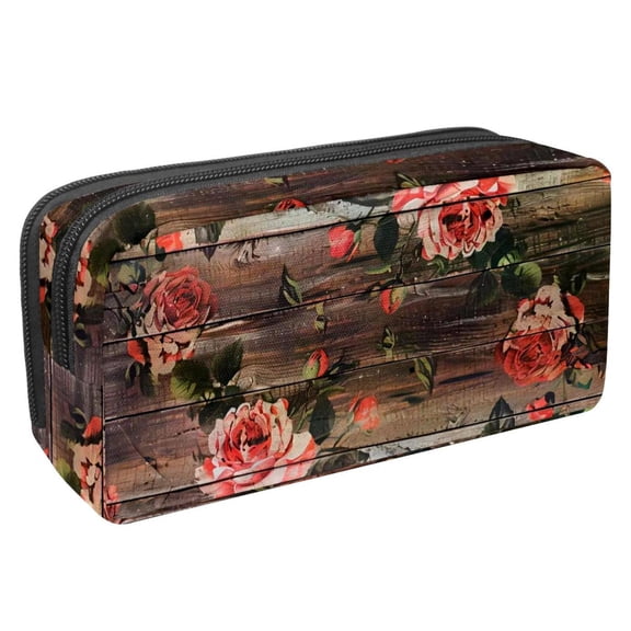 MUOOUM Pencil Case, Pink Rose on Wooden Large Capacity Pencil Pouch Stationery Pen Bag