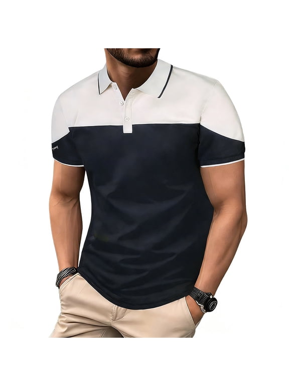 Mens Short Sleeve Collared Two Tone Color Block Raglan Button Placket Top, Wrinkle Resistant Tee for Daily Office Commutes Black XL