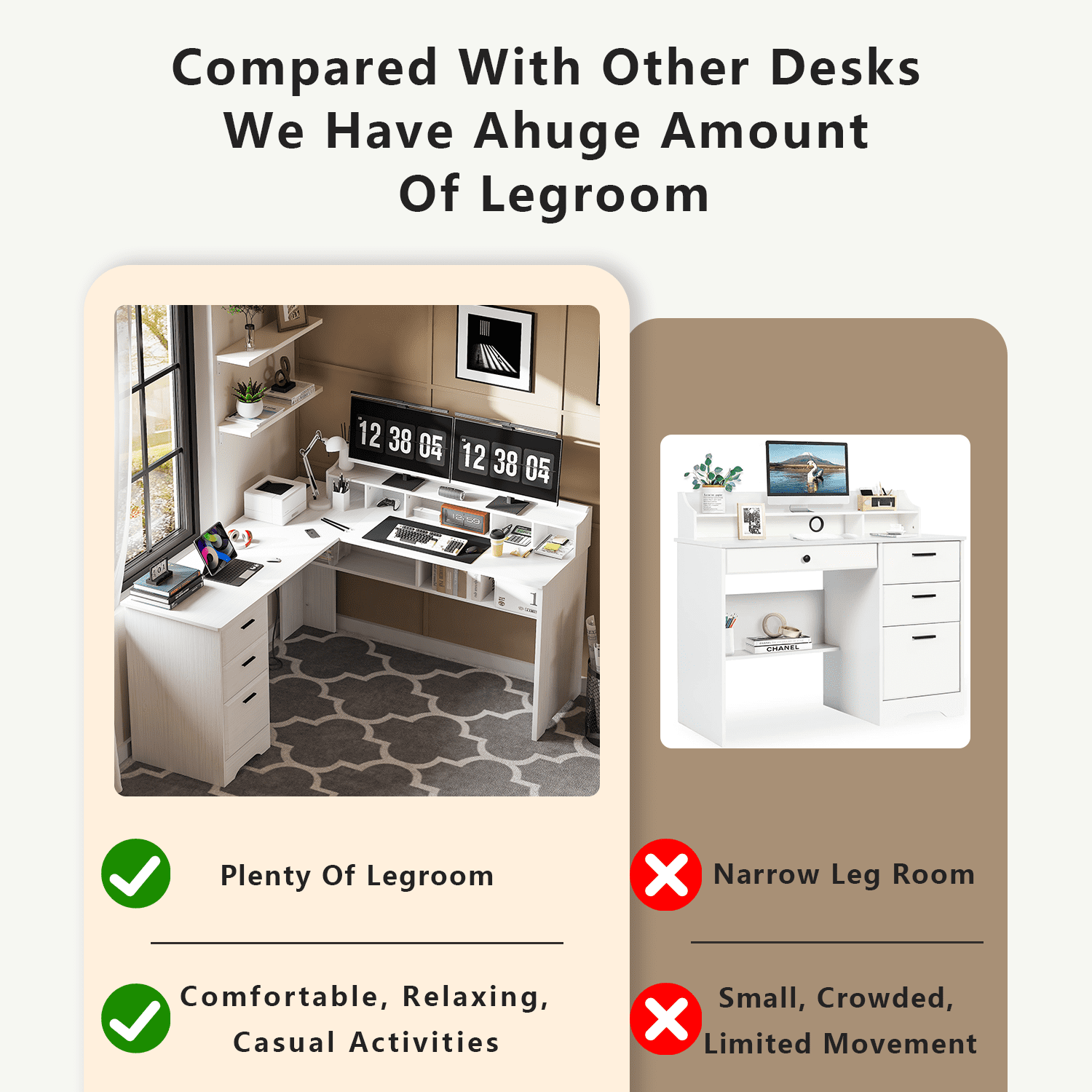 Catrimown White L Shaped Desk with Drawers, 60 Inch Corner Computer Desk with Power Outlet and USB Ports, Wooden Home Office Desk with File Cabinets, White