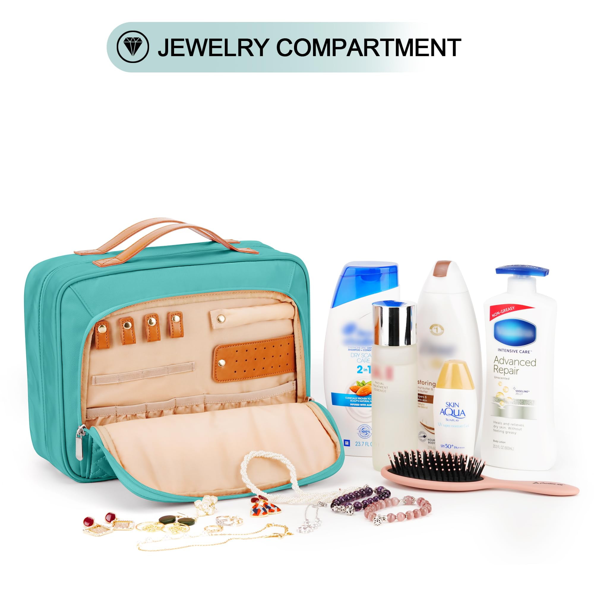 Travel Hanging Toiletry Bag for Women, Cruise Ship Essentials, with Jewelry Organizer, Extra Large Makeup Dopp Kit, Waterproof Cosmetic Bags, Toiletries Kit Set with Trolley Belt