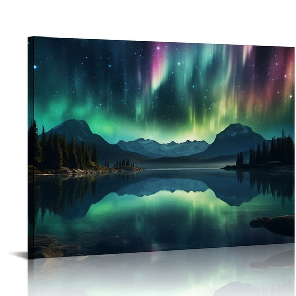 EastSmooth Aurora Borealis Canvas Wall Art Northern Canvas Print Painting for Living Room Snowy-Mountains-Landscape Poster Picture Wooden Framed Prints Ready to Hang