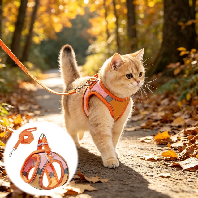 Pet Harness and Leash Set, Breathable Mesh Vest with Adjustable Straps, Color Block Dog Cat Walking Strap, Polyester, Orange/Pink/Red/Green/Blue, 1 Set