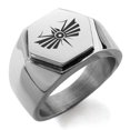 thumbnail image 1 of Stainless Steel Tribal Dragonfly Rune Engraved Hexagon Crest Flat Top Biker Style Polished Ring, 1 of 1