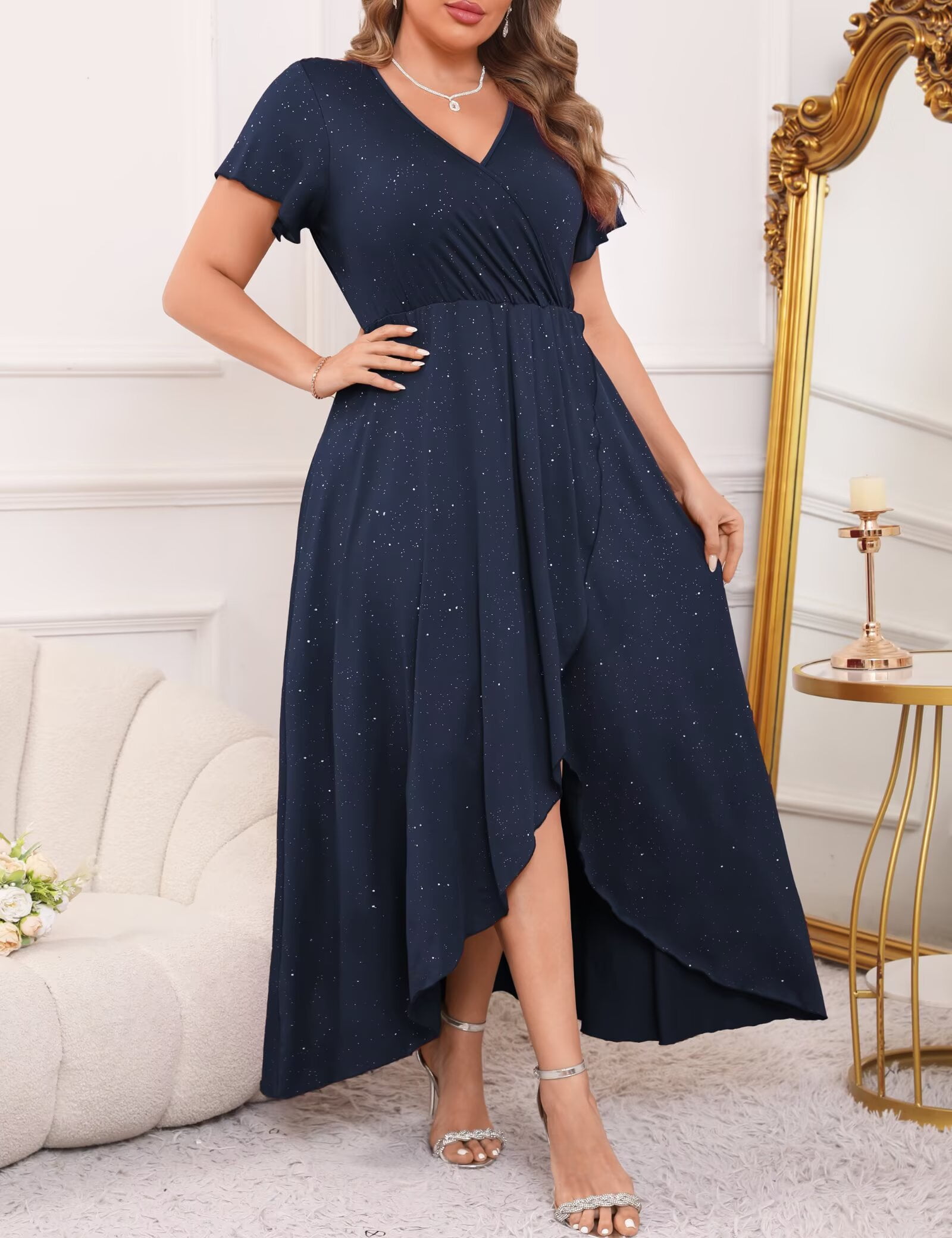 Plus Size Formal Dresses Glitter V Neck Split Wedding Cocktail Long Evening Dress Noble Blue 4XL - image 2