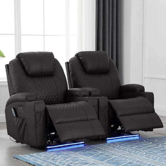 Set of 2 Power Recliner Chair with Heat and Massage, PU Leather Home Theater Seating with LED Lights/Cup Holders/Side Pocket/USB Port, Reclining Sofa Chair for Living Room