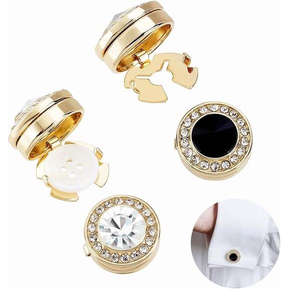 2 Pairs Rhinestone Button Cover 2 Colors Shiny Cufflinks Buttons for Shirt and Tuxedo Accessories Wedding and Formal Event Accessories Black and White Gold
