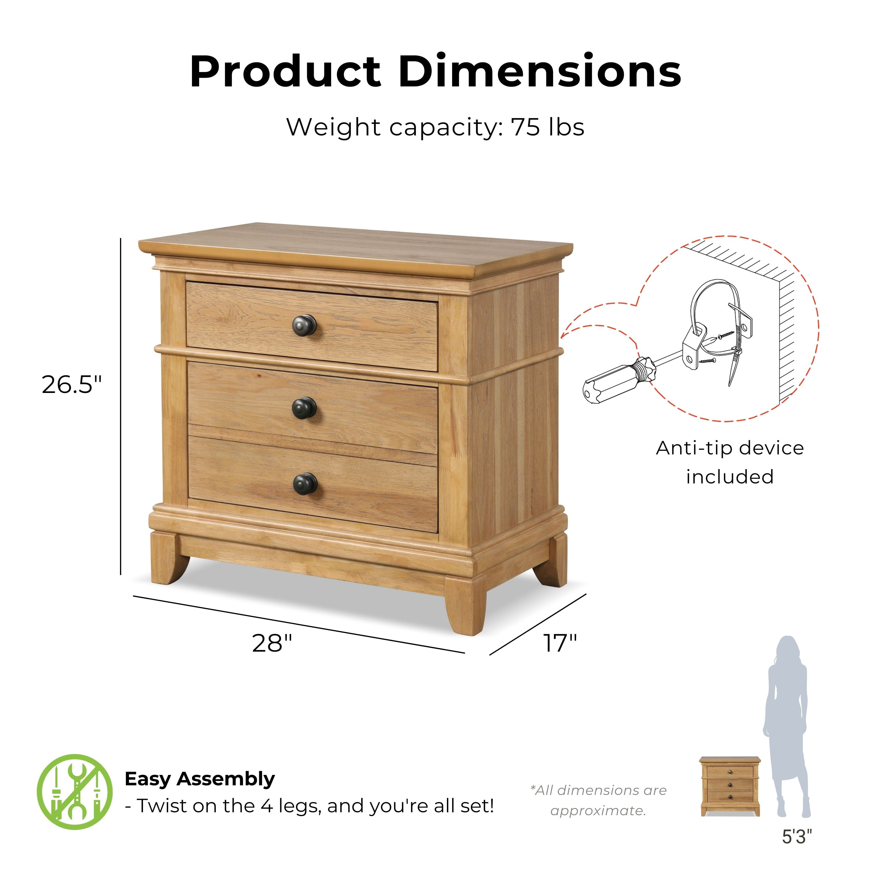 Furniture of America Stratford 2-Drawer Solid Wood Adult Bedroom Nightstand, Natural Oak