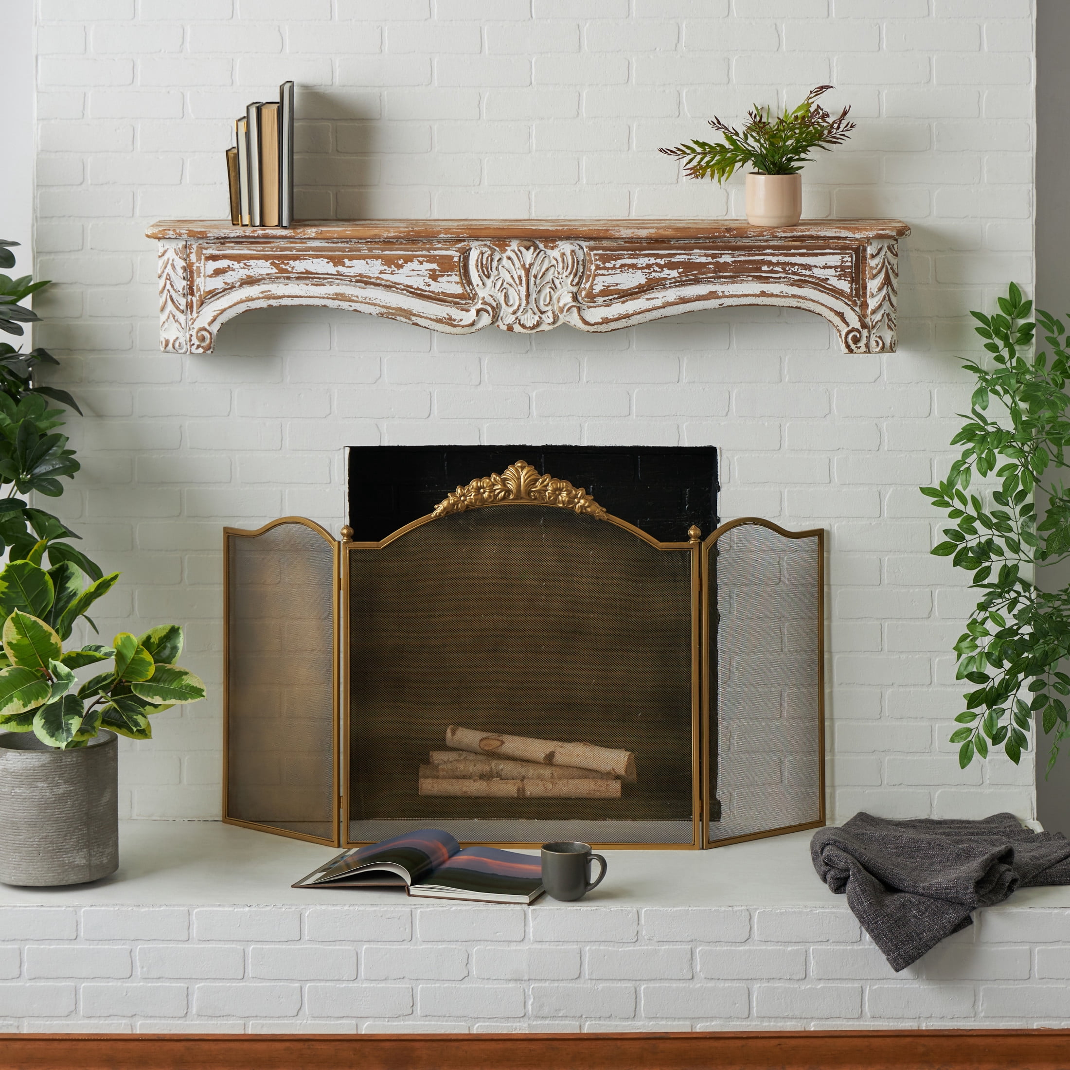 DecMode 60" x 8" Distressed 1-Tier Light Brown Scroll Wall Shelf