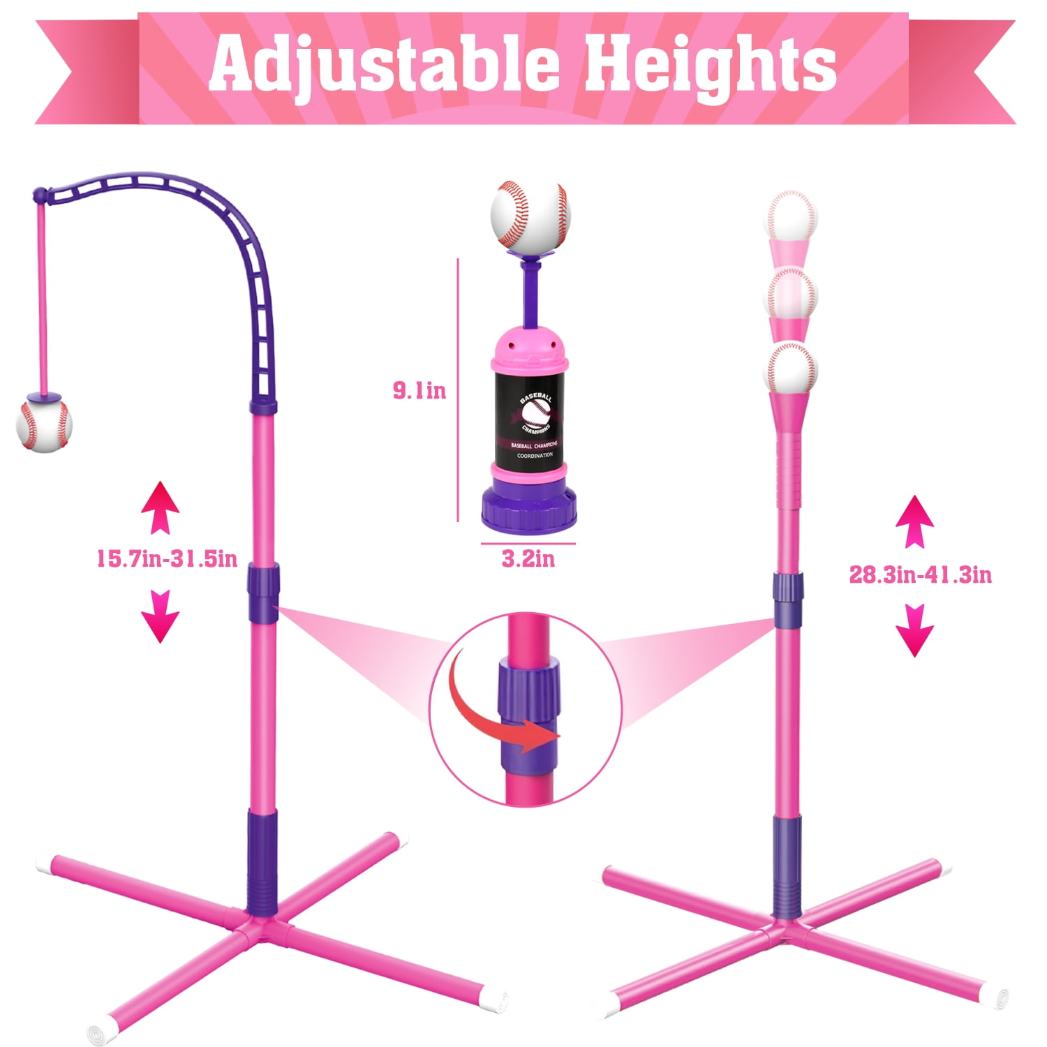 Beefunni 3-in-1 Baseball Set for Toddlers Kids 3-8 - Tee Ball Stand, Hanging Tee, Ball Launcher and 6 Baseballs -  Indoor/Outdoor Sport Gifts for Boys (Pink&Purple)