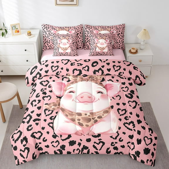 Erosebridal Pink Pig Bedding Sets Twin Size,Leopard Print Comforter Sets with Sheets,Cartoon Animal Bed in a Bag Twin size,Microfiber Kawaii Bedroom Decoration,Reversible,7pcs