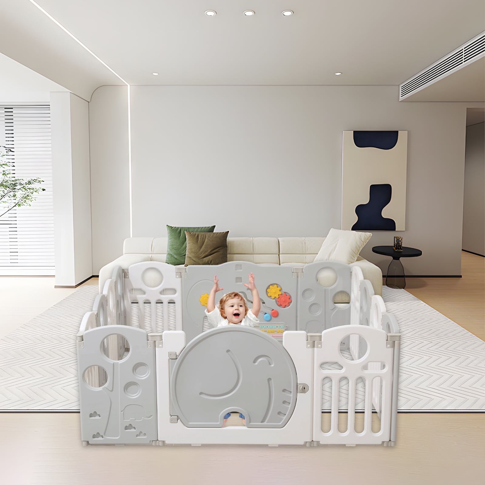 Kids and Toddlers' Playpen,Kids Activity Center Safety Play Yard for Indoor&Outdoor,Portable,Plastic,Grey&White,14 Panels