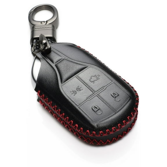 Vitodeco Genuine Leather Keyless Smart Key Fob Case Cover with Key Chain Compatible for Maserati Ghibli, Levante, Quattroporte (Light Button, Black/Red)