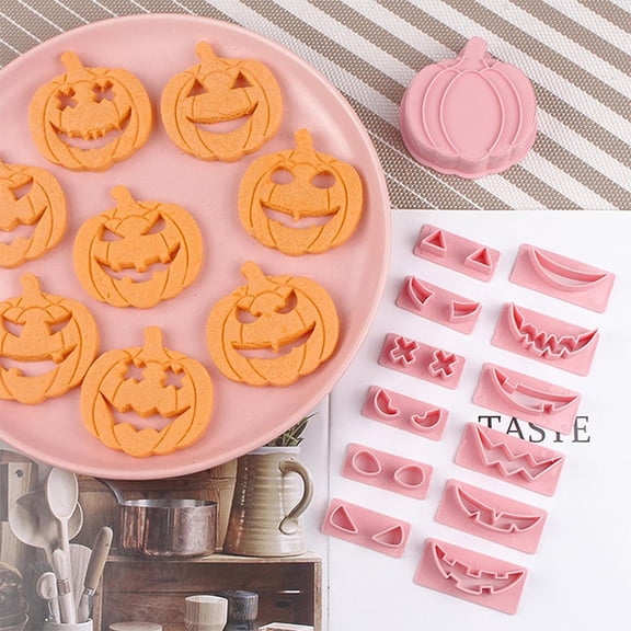 Halloween Pumpkin Cookie Cutters Set 3D Diy Lantern Face Baking Molds Food Grade Plastic Cookie Stamps For Halloween Party Baking(Pink-17PCS)