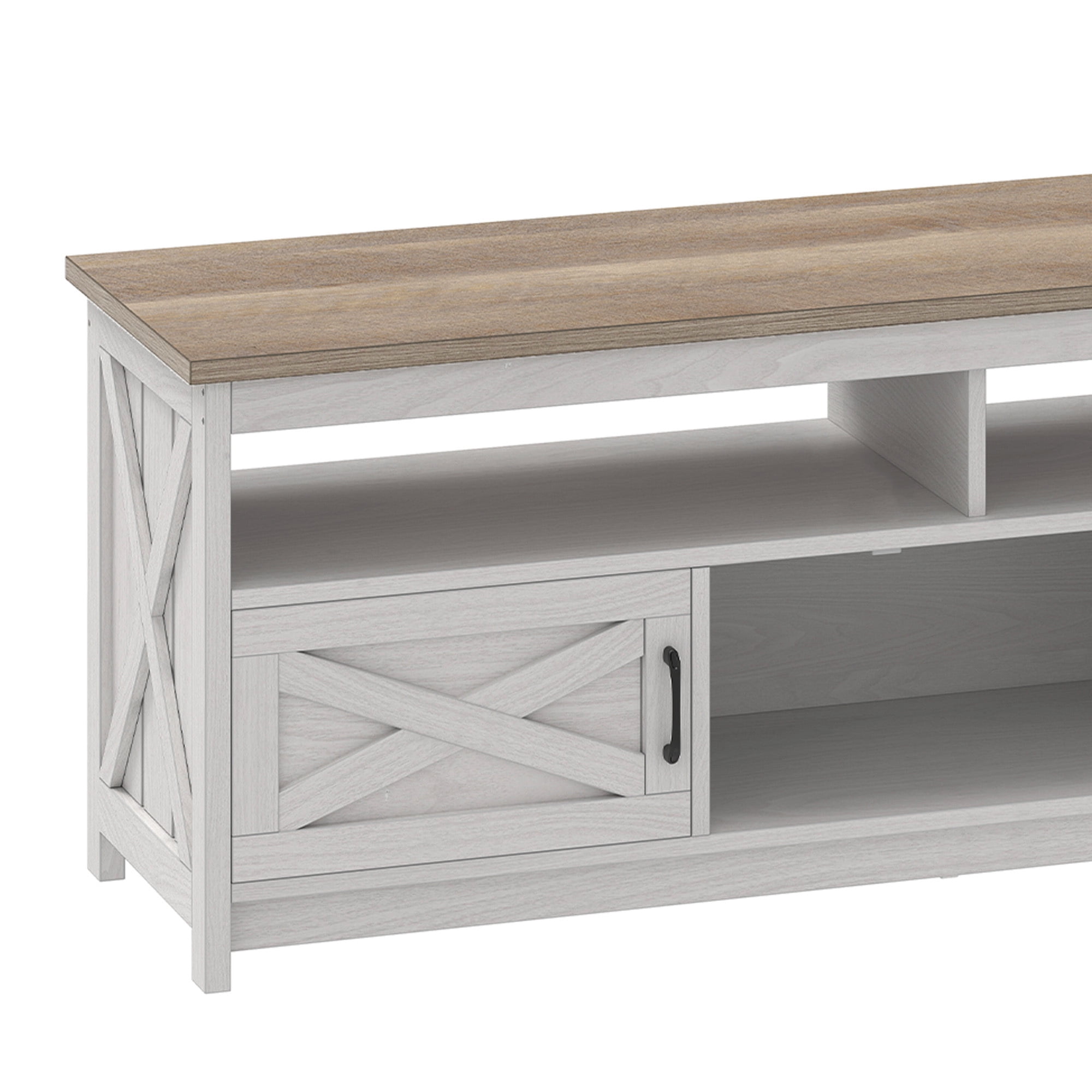 Uforic 65 Inch Farmhouse TV Stand Fits 70/75 Inch Flat Screen TV with RGB Ambient Light, Cable Holes, Built-in Power Station & Multi Storage Space for Living Room, Beige+White