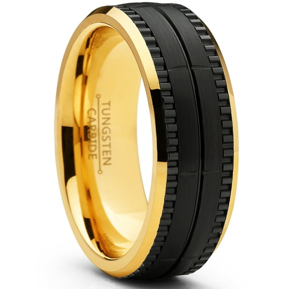Metal Masters Mens Two-Tone Black Goldtone Textured Brushed Tungsten Wedding Ring 8mm Comfort-Fit Band 10.5