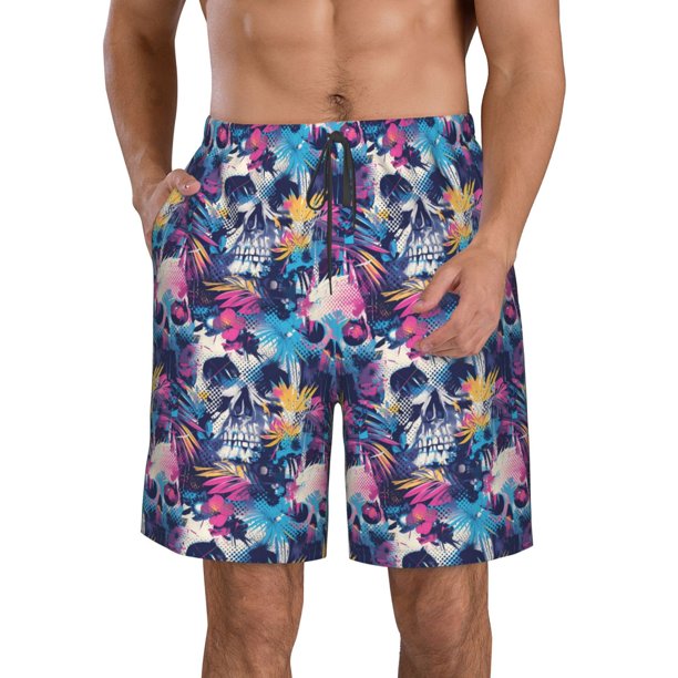 Balery cool Skull colorful Traje de Baño Estilo Hawaiano para Hombre, Shorts de Secado Rápido con Bolsillos-Small