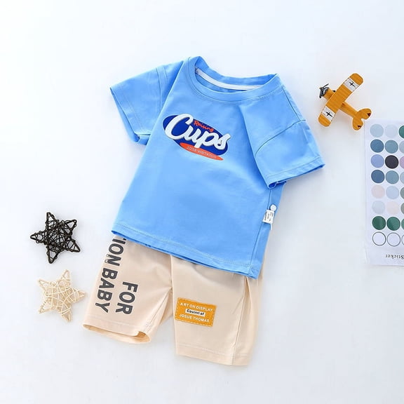 Boys' Summer New Solid Letter Round Neck Short Sleeve Set Trendy Cut T-shirt Shorts Casual Fashion Two Piece Set