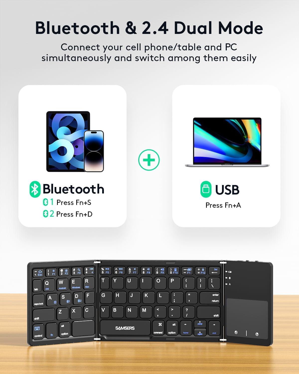 Foldable Bluetooth Keyboard with Touchpad - Portable Wireless Keyboard with Holder, Rechargeable Full Size Ultra Slim Pocket Folding Keyboards for Android Windows iOS Tablet & Laptop - Black