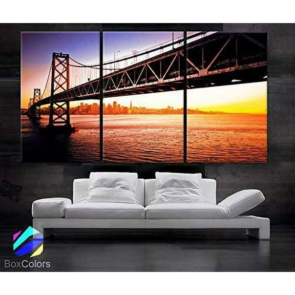 BoxColors - Large 30"x 60" 3 Panels 30x20 Ea Art Canvas Print Beautiful Golden Gate Bridge San Francisco California Sunset Wall Home (Included Framed 1.5" Depth)