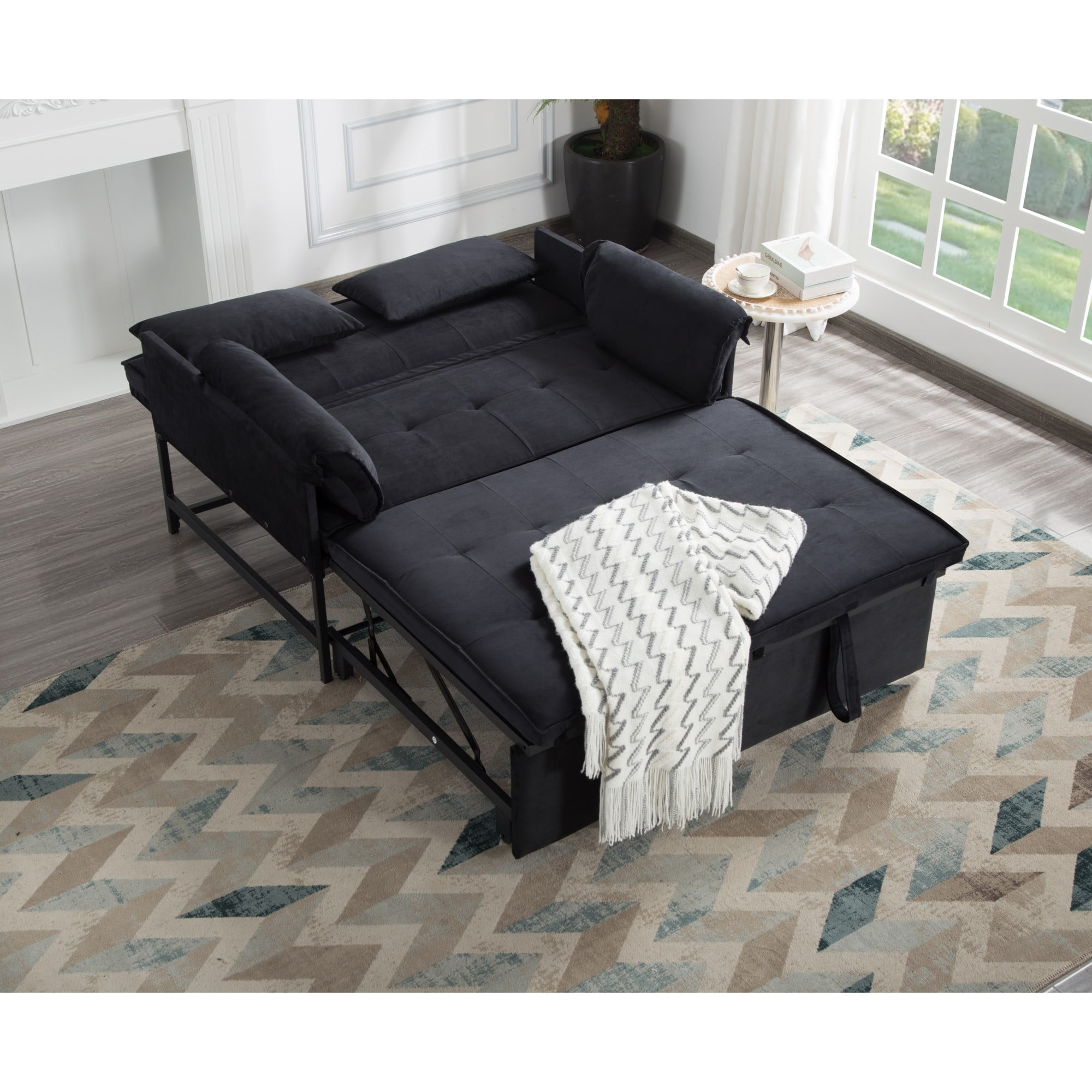 DEALTOPS 46" Velvet Pull-Out Sleeper Sofa Bed, 2-in-1 Convertible Loveseat with 5-Level Reclining Backrest, Black