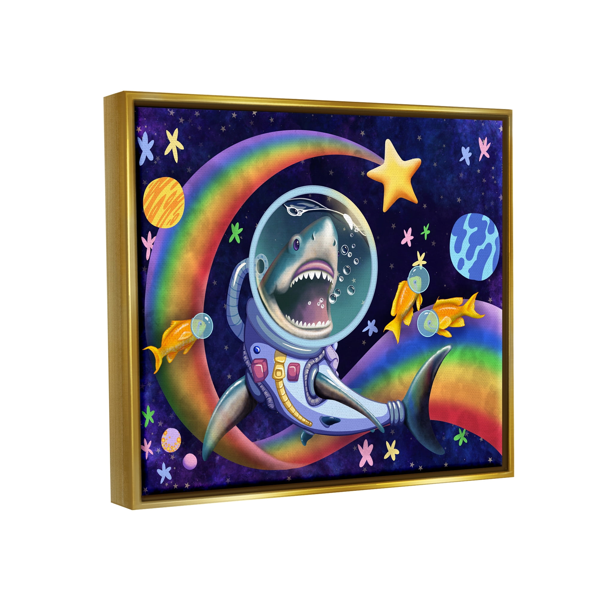 Stupell Industries Shark in Outer Space Animals & Insects Painting Gold Floater Framed Canvas Art Print Wall Art, 21 x 17