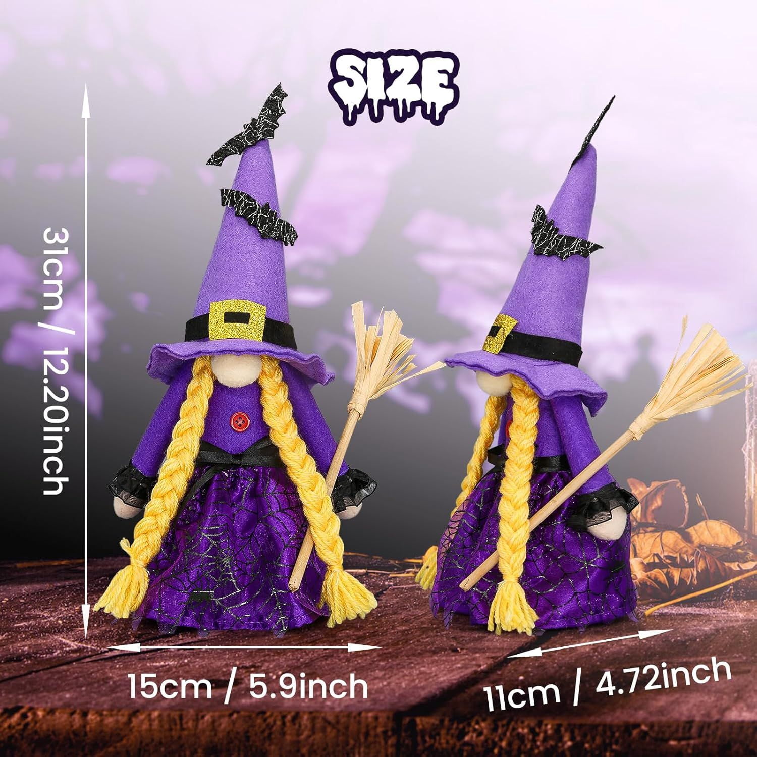 Set of 3 Hocus Pocus Witch Gnomes with Brooms for Rustic Halloween Decor