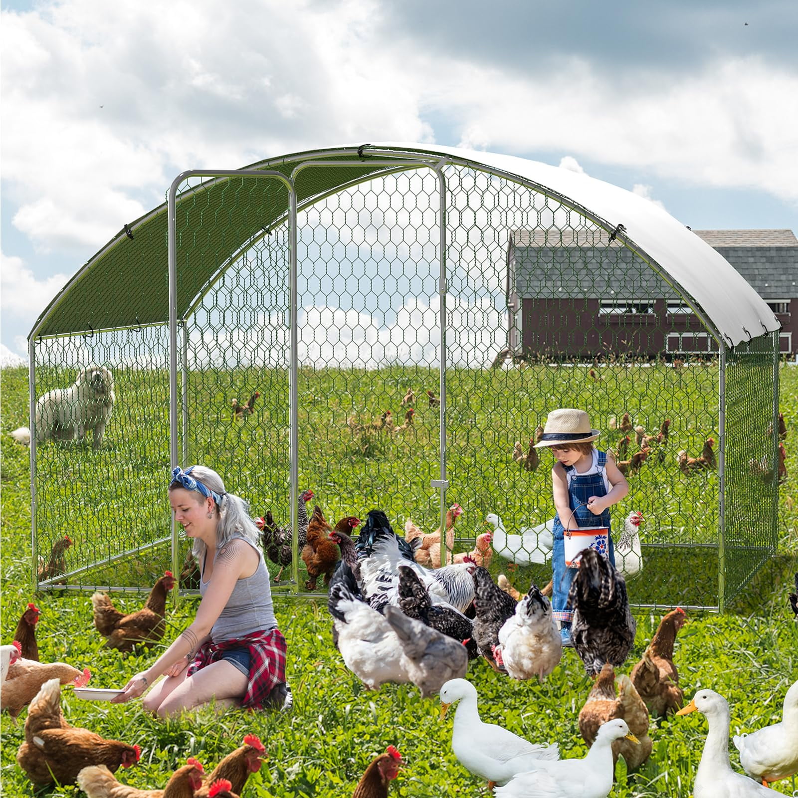 Large Metal Chicken Coop, Large Chicken Coop for Yard, Walk-in Poultry Cage with Waterproof and Anti-Uv Cover, Chicken Run for Outdoor Backyard Farm, Doom Roof, 9.8×6.5×6.5ft,Silver