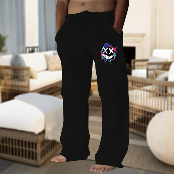 TrendOFT Baggy Wide Leg Sweatpants for Men Open Bottom Graphic Straight Leg Casual Loose Fit Running Athletic Sweat Lounge Pants with Pockets Black L