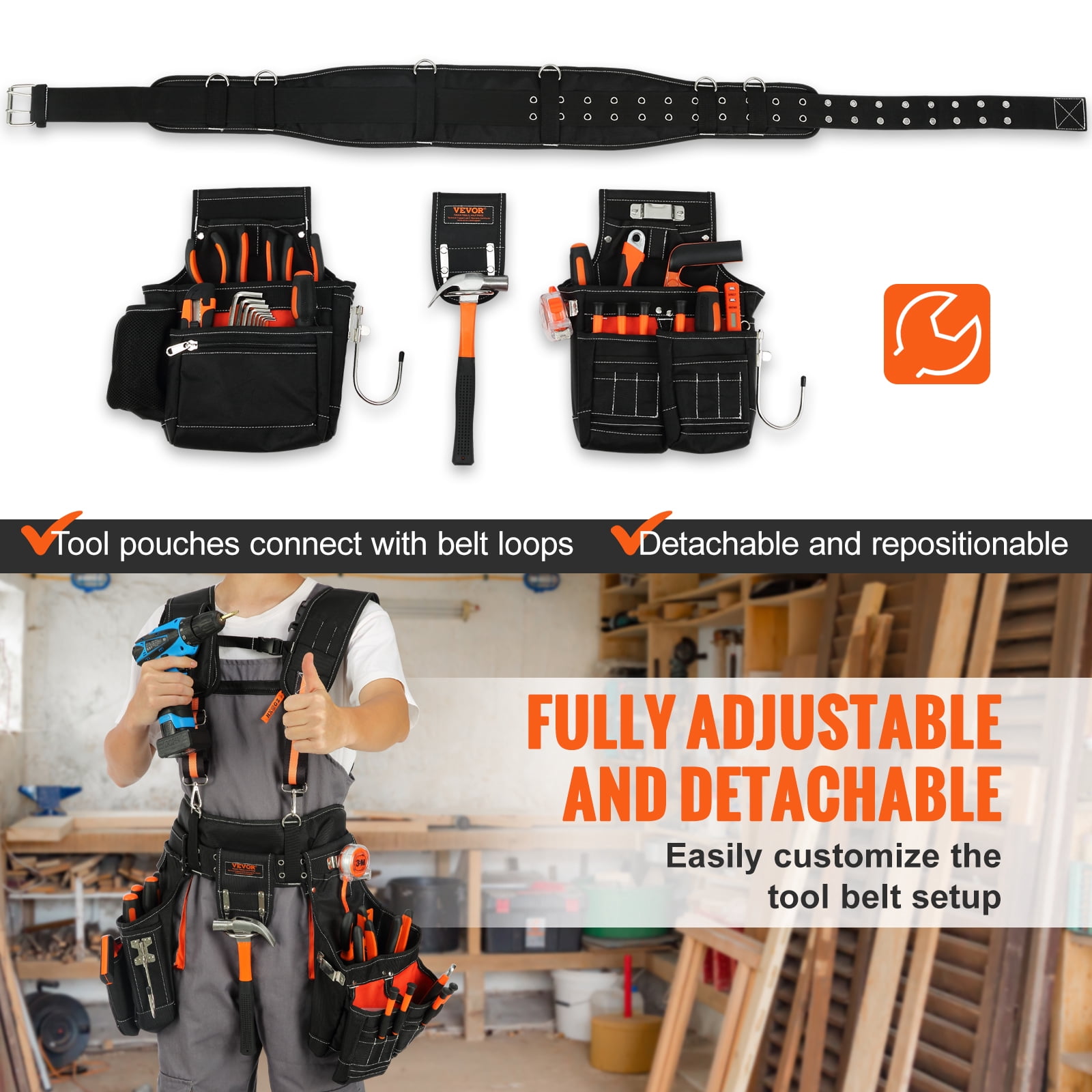 BENTISM Tool Belt with Suspenders Adjustable Carpenter Tool Pouch 1680D Polyester