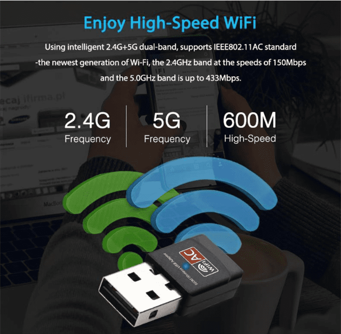 Support WEP/WPA/WPA2 600Mbps 2.4G/5G Dual Band Wireless USB Network Card Adapter for XP/Windows/OS T angxi USB WiFi Adapter Network Card for Desktop Laptop 
