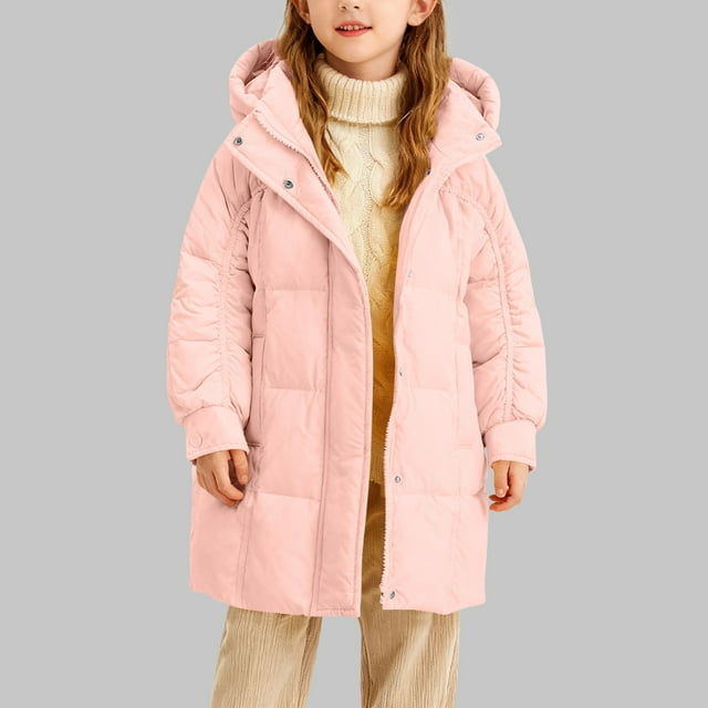 Parkas de manga larga, chaqueta de invierno para niñas, medianas a largas, chaqueta de plumón para niños, medianas a grandes, chaqueta con capucha de color liso, tops de algodón para niños