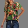 thumbnail image 2 of Women's Casual V-Neck Boho Floral Tops Ruffle Short Sleeve Blouse Pleated Babydoll T Shirt Green,L, 2 of 5