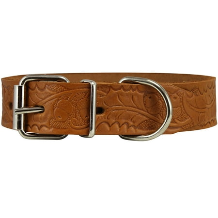 - Genuine Tooled Leather Dog Collar Floral Pattern Tan 3 Sizes