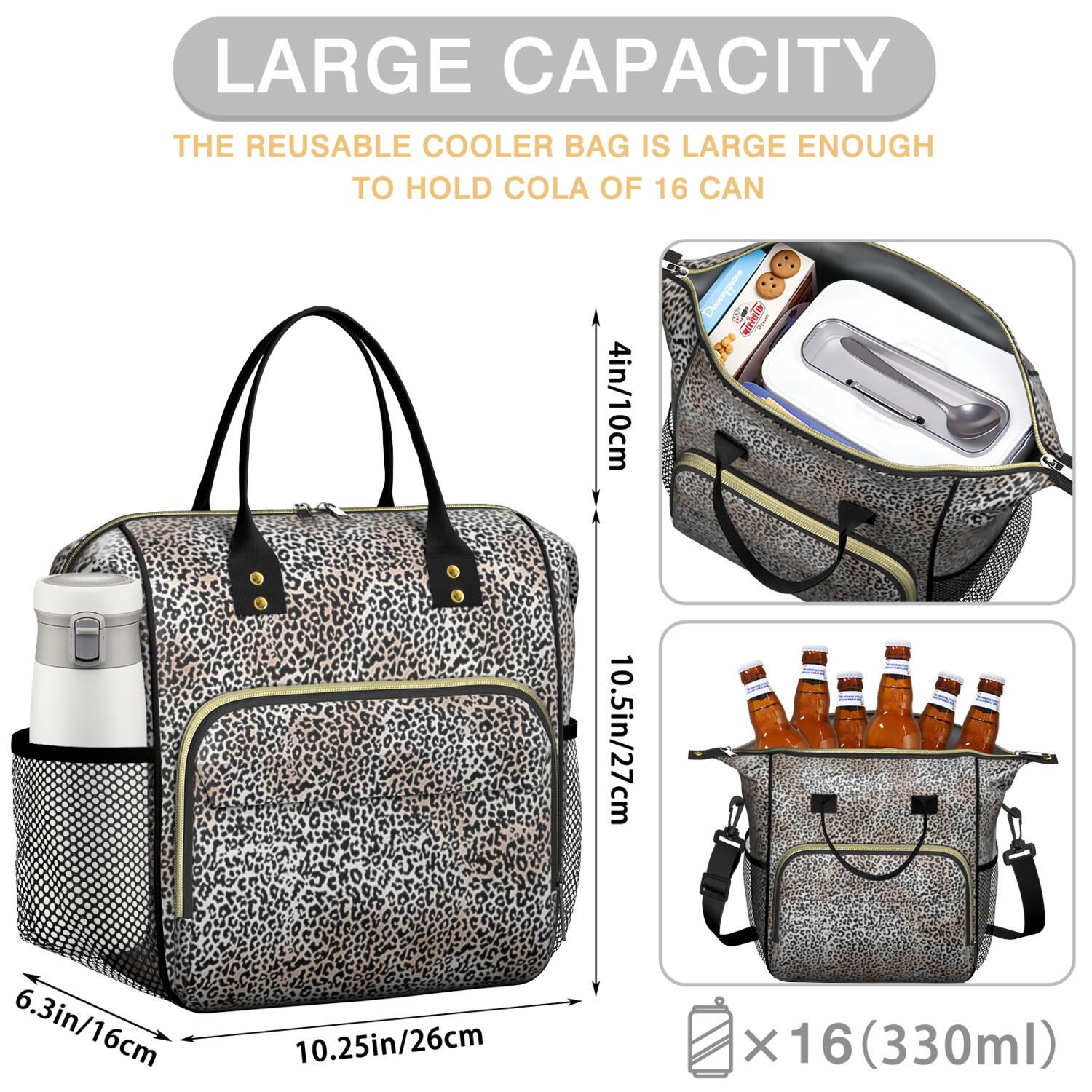 Black and Tan Leopard Print Womens Lunch Box for Work,Insulated Large Lunch Bag for Tween and Teen,Loncheras Para Mujer,Leakproof Adult Lunch Bag for Work,Beach,Travel,Picnic,Camping