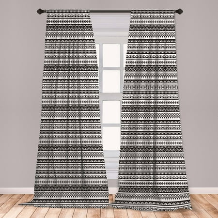 Ethnic Curtains 2 Panels Set, Oriental Pattern with Striped Tattoo Mandala Damask Folk Effects, Window Drapes for Living Room Bedroom, White Black, by Ambesonne