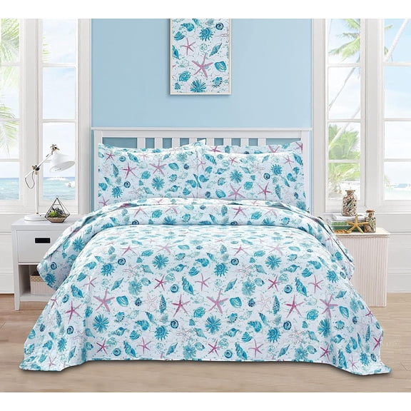 Size Quilts Bedspread Set Beach  Quilt Set Bedding Set Coastal Summer  Quilts Collection Bedding Beach Bedspread Coverlet Reversible Lightweight Bedding  Starfish Aqua  Quilt Set