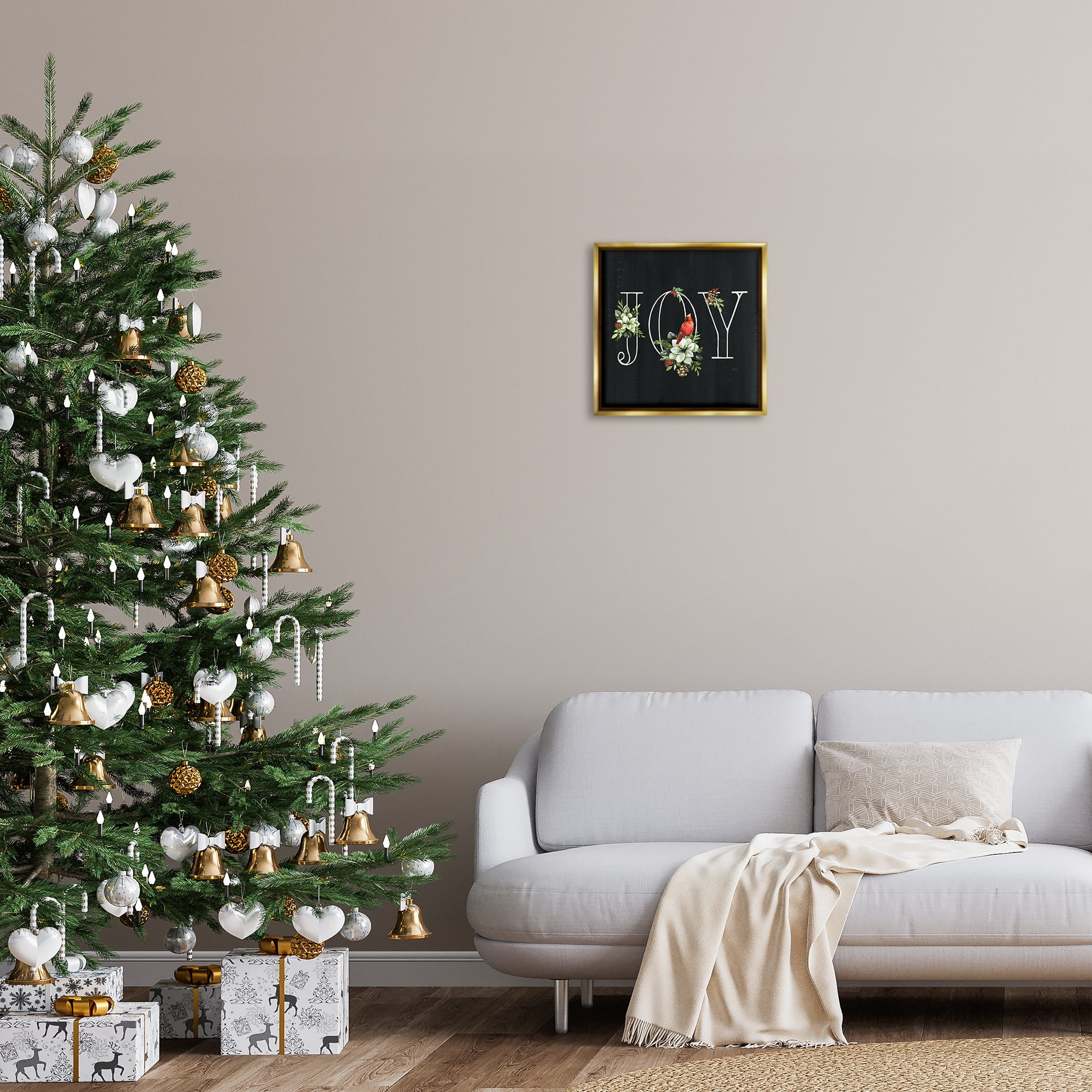 Stupell Industries Joy Letters with Florals Holiday Painting Gold Floater Framed Canvas Art Prints Wall Art, 18 x 18
