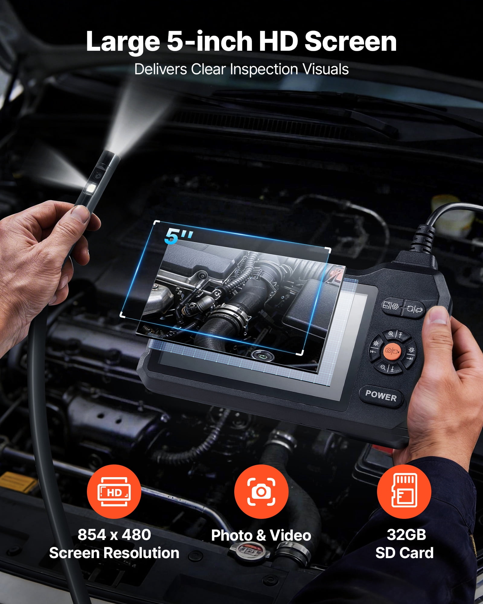 VEVOR Dual Lens Endoscope with Light, 5" HD IPS Screen Industrial Borescope Camera, 0.22-inch Slim Lens, 8X Zoom, IP67 Waterproof Inspection Snake Camera for Automotive, Plumbing (16.4FT Rigid Cable)