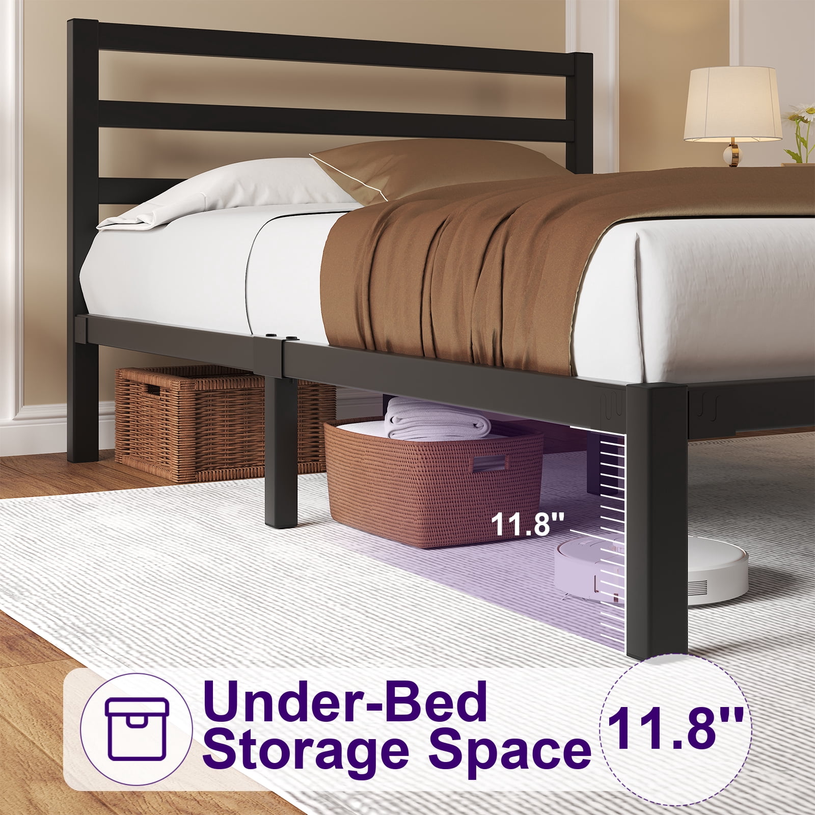 Full Size Metal Bed Frame, Heavy Duty Platform Bed Frame with Headboard, Under Bed Storage, Strong Metal Slats Support, Black