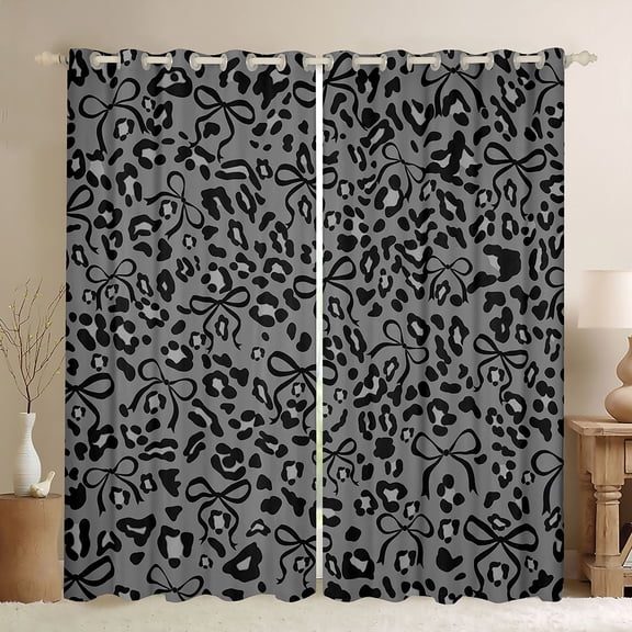 jejeloiu Leopard Cheetah Print Black Out Curtains,Ribbon Bow Tie Curtains Pack of 2 (42x63 Each),Gray Black Bedroom Curtains For Kids,Luxury Bedroom Decor